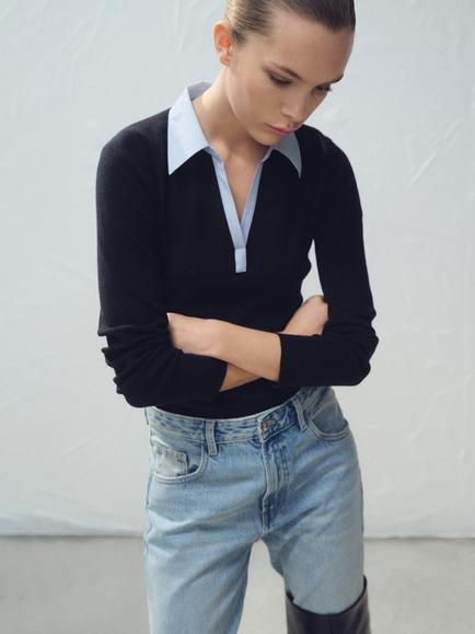 Mango Collared Neck Long Sleeve Top, Navy, Navy