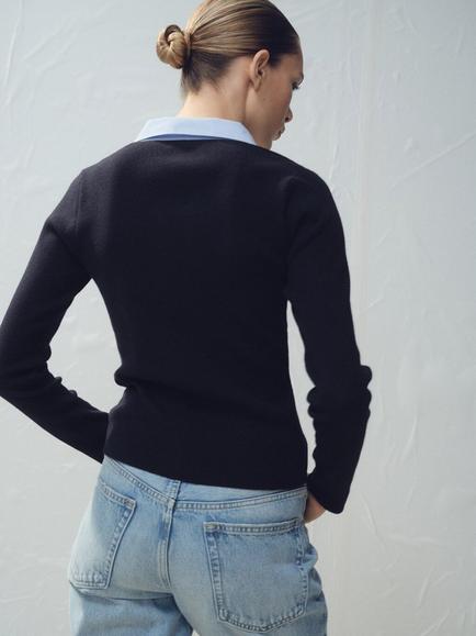 Mango Collared Neck Long Sleeve Top, Navy - view 2, Navy