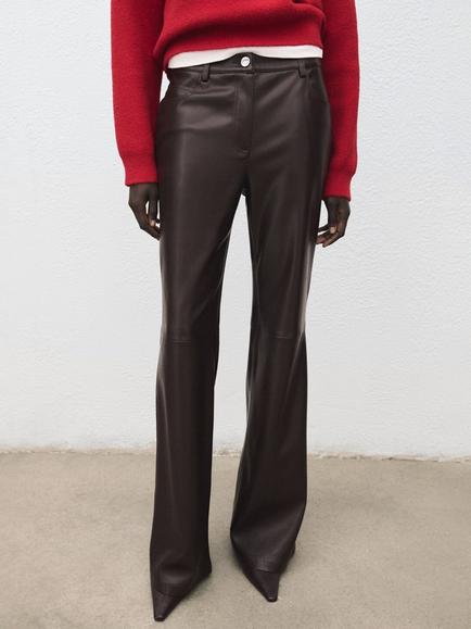 Mango Faux Leather Flared Trousers, Chocolate, Chocolate