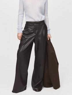 Mango Faux Leather Wide Leg Trousers, Chocolate, Chocolate