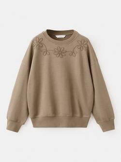 Mango Kids' Cotton Floral Embroidered Sweatshirt, Brown, Brown