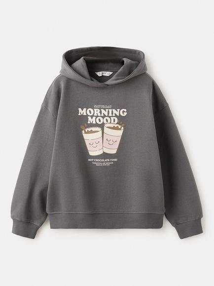 Mango Kids' Cotton Graphic Hoodie, Anthracite, Anthracite