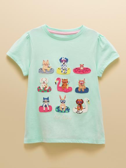 Joules Kids' Astra Short Sleeve Animal Applique T-Shirt, Blue, Blue