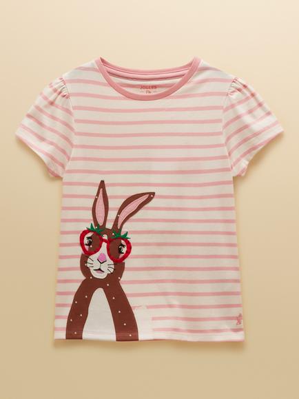 Joules Kids' Astra Short Sleeve Bunny Applique Top, Pink/White, Pink/White