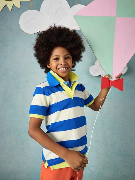 Joules Kids' Pique Striped Polo Shirt, Blue/White - view 2, Blue/White