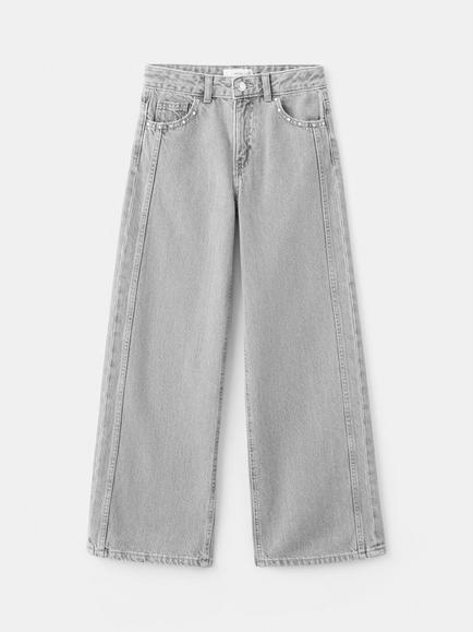 Mango Kids' Stud Pocket Wide Leg Jeans, Grey, Grey