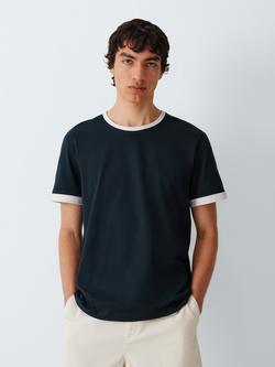 John Lewis Short Sleeve Contrast Ringer Cotton T-Shirt, Navy/Ecru