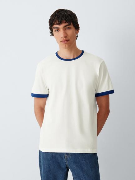 John Lewis Short Sleeve Contrast Ringer Cotton T-Shirt, Ecru/Cobalt