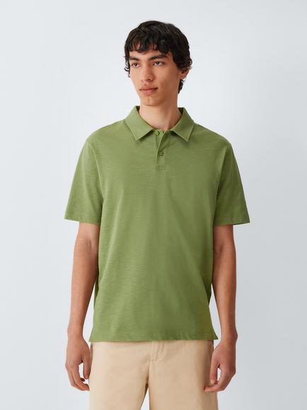 John Lewis Short Sleeve Slub Cotton Polo Shirt, Oil Green