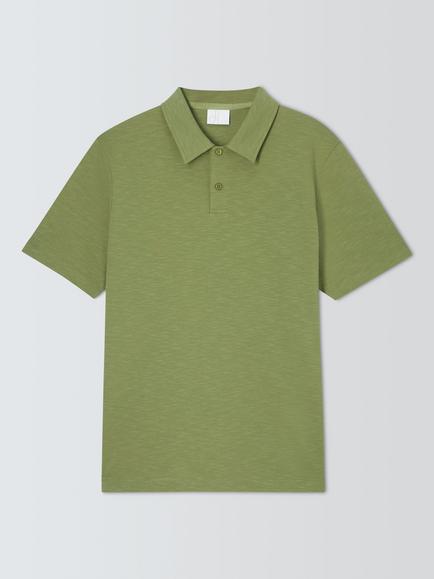 John Lewis Short Sleeve Slub Cotton Polo Shirt, Oil Green