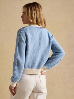 Joules Colour Block Cable Knit Cardigan, Blue - view 2, Blue