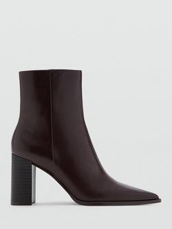 Mango Pointed Toe Block Heel Ankle Boots, Chocolate, Chocolate