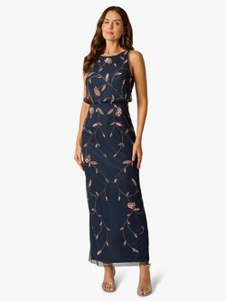 Adrianna Papell Studio Bead Blouson Maxi Dress, Navy/Rosegold, Navy/Rosegold
