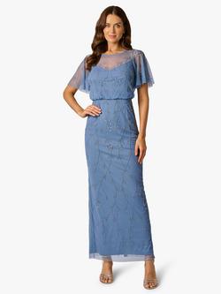Adrianna Papell Studio Bead Blouson Mesh Overlay Dress, French Blue, French Blue