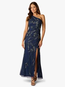Adrianna Papell Studio One Shoulder Embellished Bead Mesh Dress, Light Navy, Light Navy