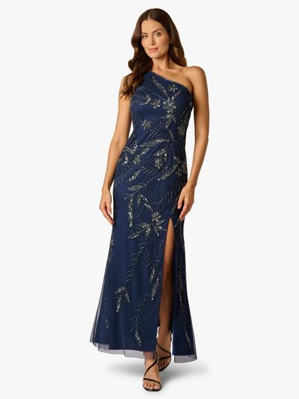 Adrianna Papell Studio One Shoulder Embellished Bead Mesh Dress, Light Navy, Light Navy