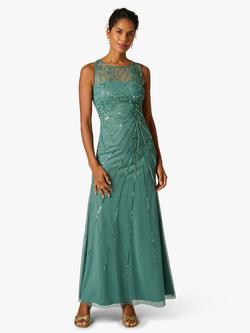 Adrianna Papell Studio Beaded Mesh Maxi Dress, Green Slate, Green Slate
