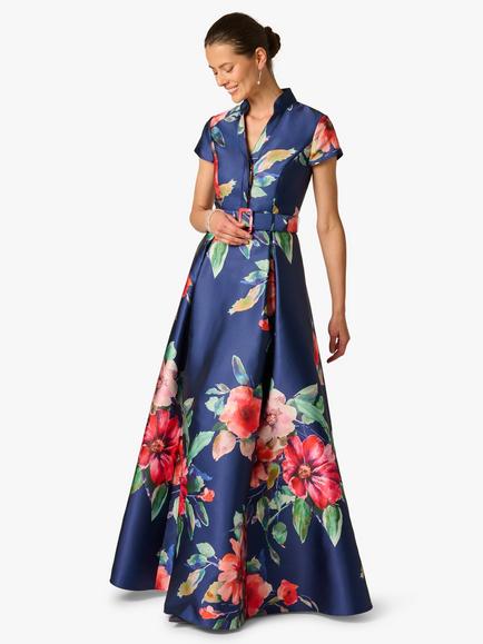 Adrianna Papell Floral Mikado Maxi Dress, Navy/Multi, Navy/Multi