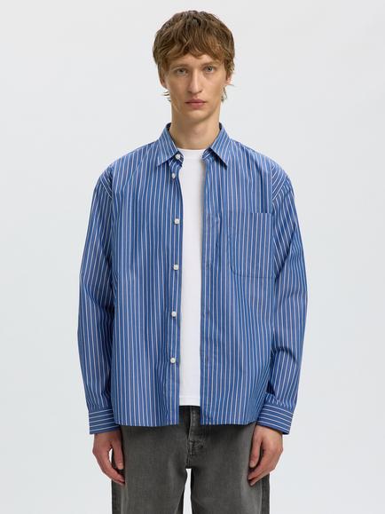 Selected Isak Stripe Cotton Poplin Shirt, Limoges White/Blue, Limoges White/Blue