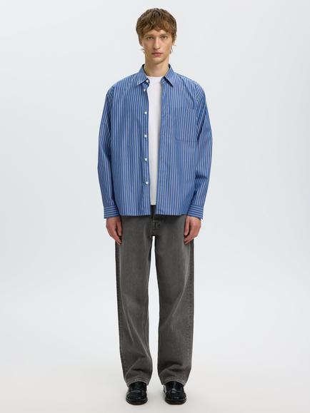 Selected Isak Stripe Cotton Poplin Shirt, Limoges White/Blue - view 2, Limoges White/Blue