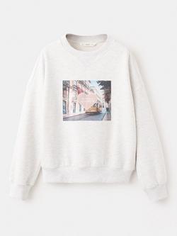 Mango Kids' Long Sleeve Printed Sweatshirt, Light Grey/Multi, Light Grey/Multi