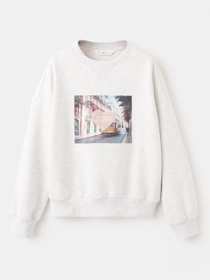 Mango Kids' Long Sleeve Printed Sweatshirt, Light Grey/Multi, Light Grey/Multi