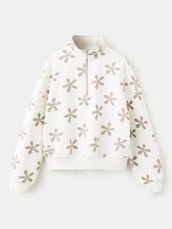 Mango Kids' Floral Print Zip Sweatshirt, Cream, Cream