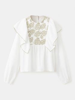 Mango Kids' Embroidered Long Sleeved Ruffle Blouse, Cream, Cream