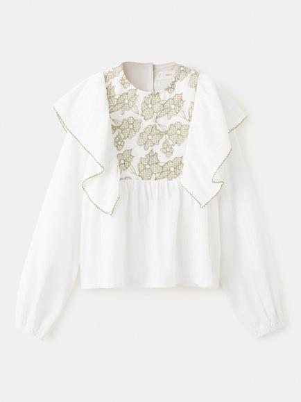 Mango Kids' Embroidered Long Sleeved Ruffle Blouse, Cream, Cream