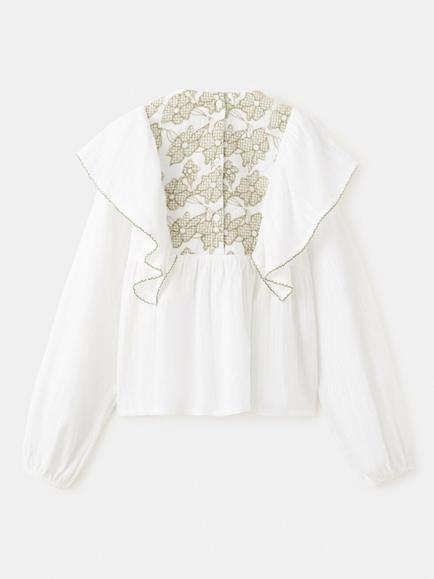 Mango Kids' Embroidered Long Sleeved Ruffle Blouse, Cream - view 2, Cream