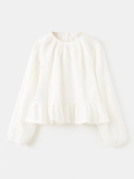 Mango Kids' Long Sleeved Ruffle Hem Blouse, Cream, Cream