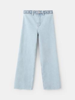 Mango Kids' Embroidered Waist Wide Leg Jeans, Light Blue, Light Blue