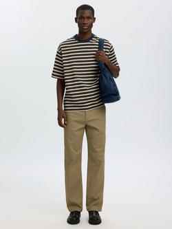Selected Crew Neck Stripe Cotton T-Shirt, Oatmeal/Green/Navy, Oatmeal/Green/Navy