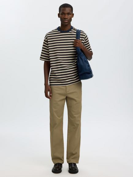 Selected Crew Neck Stripe Cotton T-Shirt, Oatmeal/Green/Navy, Oatmeal/Green/Navy