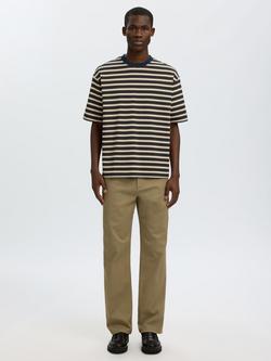 Selected Crew Neck Stripe Cotton T-Shirt, Oatmeal/Green/Navy - view 2, Oatmeal/Green/Navy