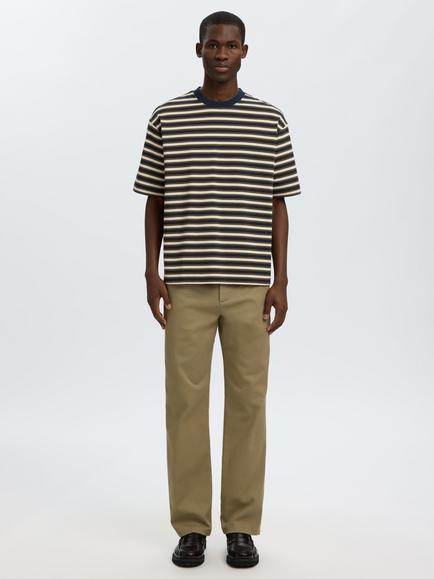Selected Crew Neck Stripe Cotton T-Shirt, Oatmeal/Green/Navy - view 2, Oatmeal/Green/Navy