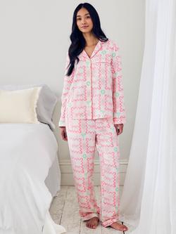 Chelsea Peers Cocktail Leopard Linen Rich Button Down Long Pyjama Set, Pink, Pink