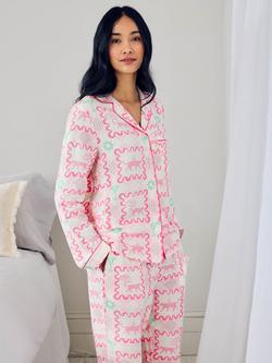 Chelsea Peers Cocktail Leopard Linen Rich Button Down Long Pyjama Set, Pink - view 2, Pink