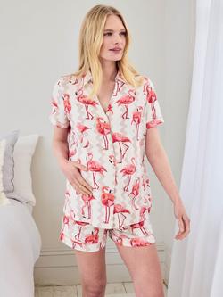 Chelsea Peers Flamingo Bloom Button Down Short Maternity Pyjama Set, Off White, Off White