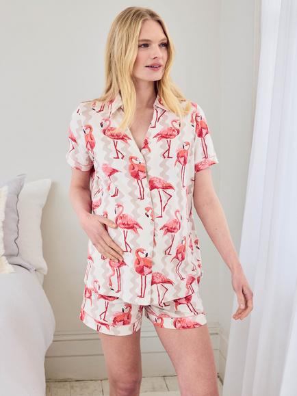 Chelsea Peers Flamingo Bloom Button Down Short Maternity Pyjama Set, Off White, Off White