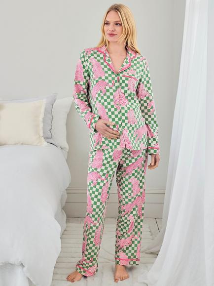 Chelsea Peers Panthera Check Button Down Long Maternity Pyjama Set, Green, Green