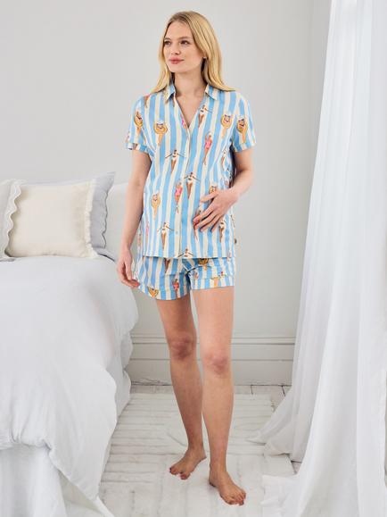 Chelsea Peers Swimming Society Button Down Short Maternity Pyjama Set, Blue - view 2, Blue