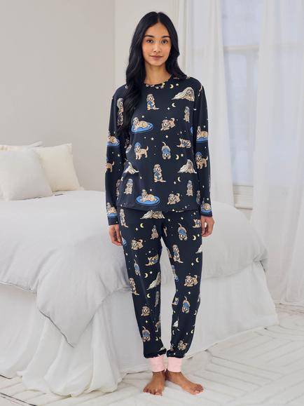 Chelsea Peers Petite Cockapoo Snooze Jersey Long Pyjama Set, Navy, Navy