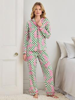 Chelsea Peers Petite Panthera Check Button Down Long Pyjama Set, Green, Green