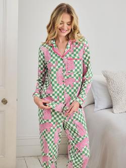 Chelsea Peers Petite Panthera Check Button Down Long Pyjama Set, Green - view 2, Green