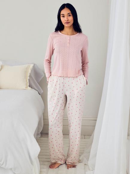 Chelsea Peers Pointelle Stripe Long Pyjama Set, Off White, Off White