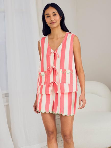 Chelsea Peers Stripe Scallop Linen Rich Camisole Short Pyjama Set, Bright Pink, Bright Pink