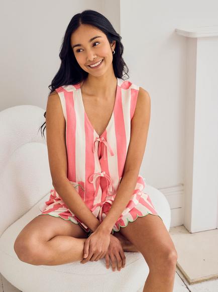 Chelsea Peers Stripe Scallop Linen Rich Camisole Short Pyjama Set, Bright Pink - view 2, Bright Pink