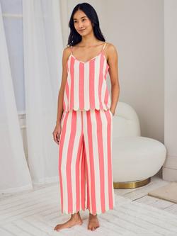 Chelsea Peers Stripe Scallop Linen Rich Long Pyjama Set, Bright Pink, Bright Pink
