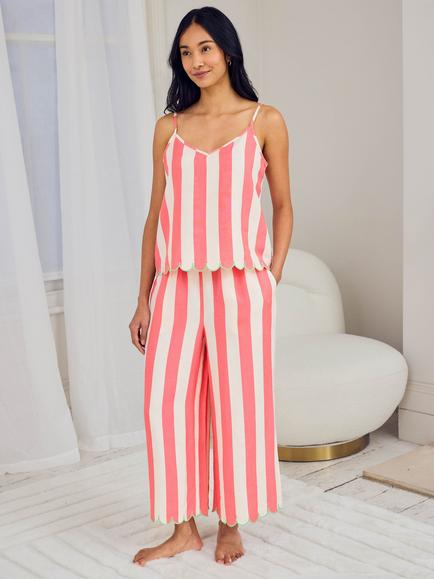 Chelsea Peers Stripe Scallop Linen Rich Long Pyjama Set, Bright Pink, Bright Pink